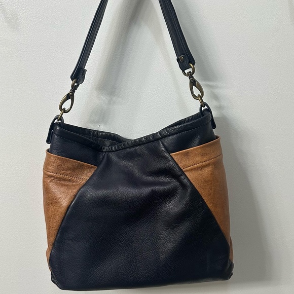 Custom North Moor Design Northern Right Leather Shoulder Bag EUC Navy and Tan - Picture 7 of 8